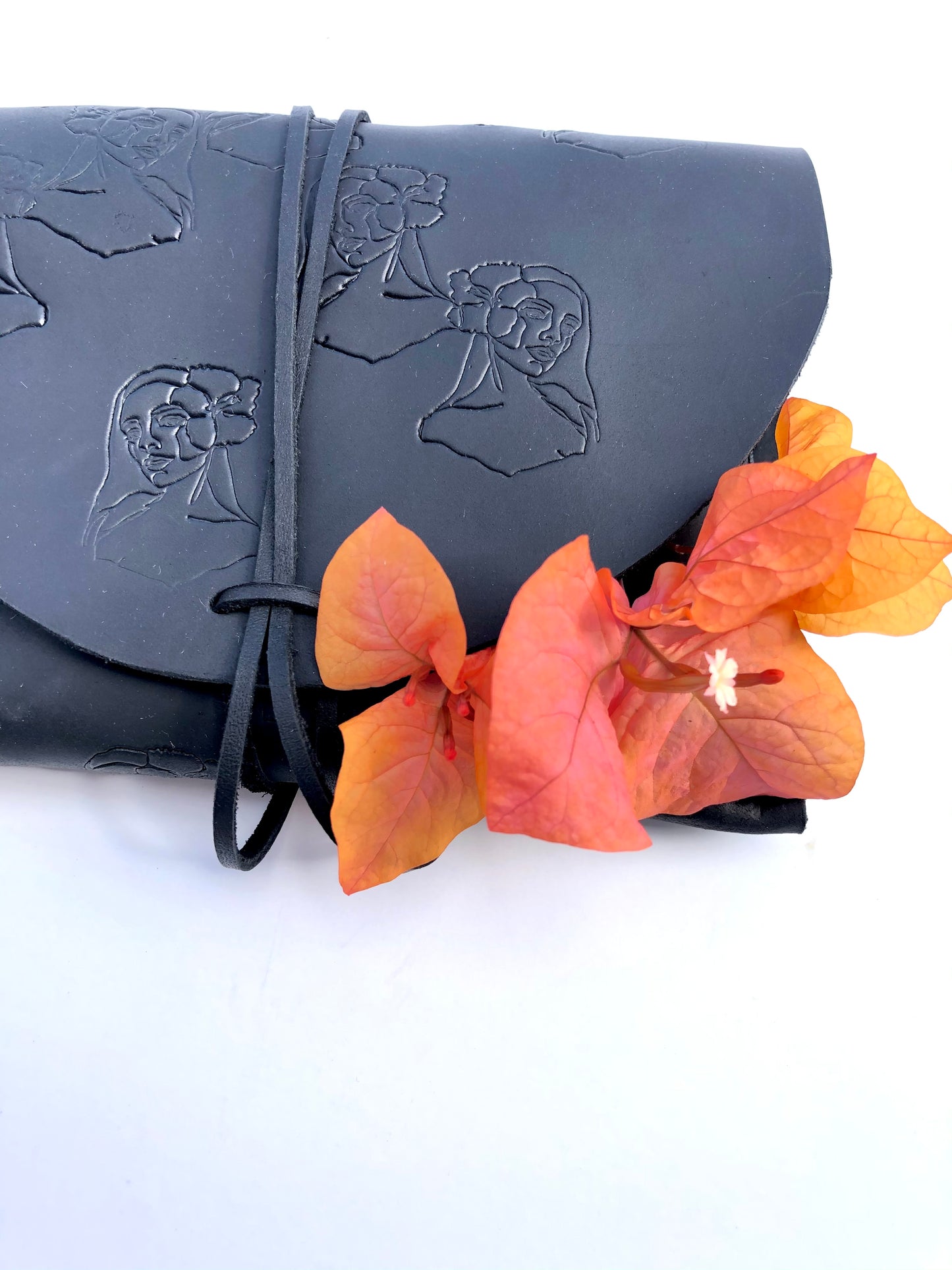 “Paniolo with her Pua” Leather Clutch with Notebook & Pen in BLACK