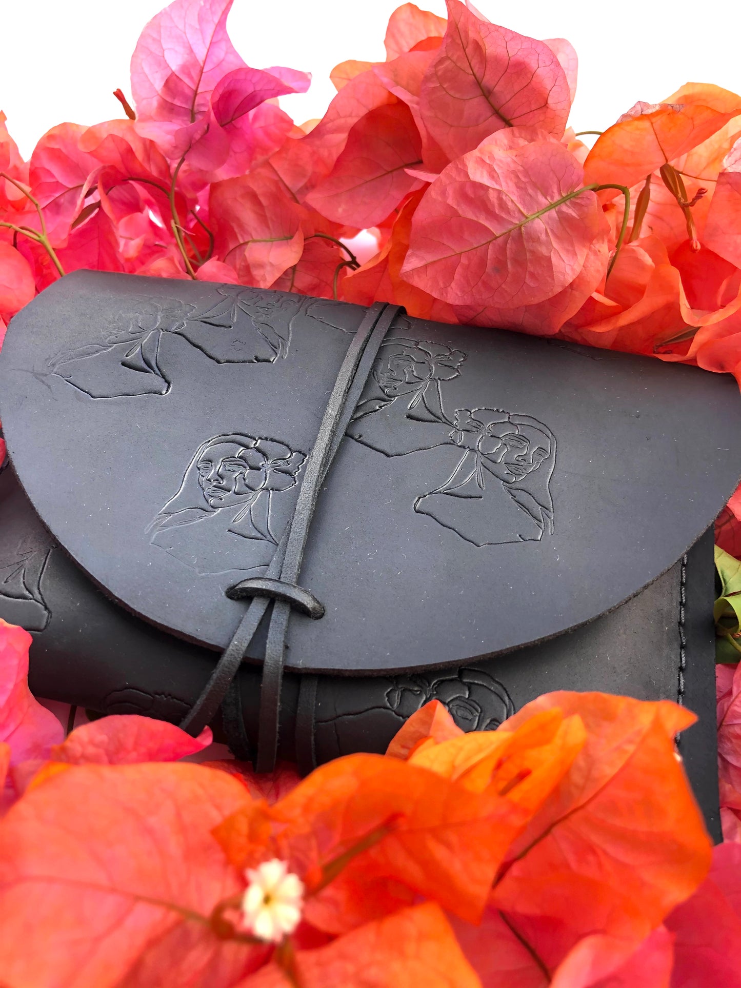 “Paniolo with her Pua” Leather Clutch with Notebook & Pen in BLACK